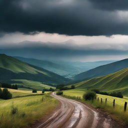 A scenic view of the Carpathian mountains in the background with dark, ominous thunderstorms brewing above