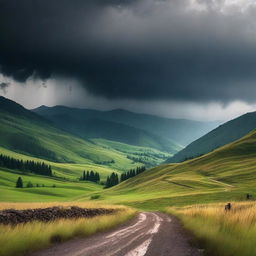 A scenic view of the Carpathian mountains in the background with dark, ominous thunderstorms brewing above