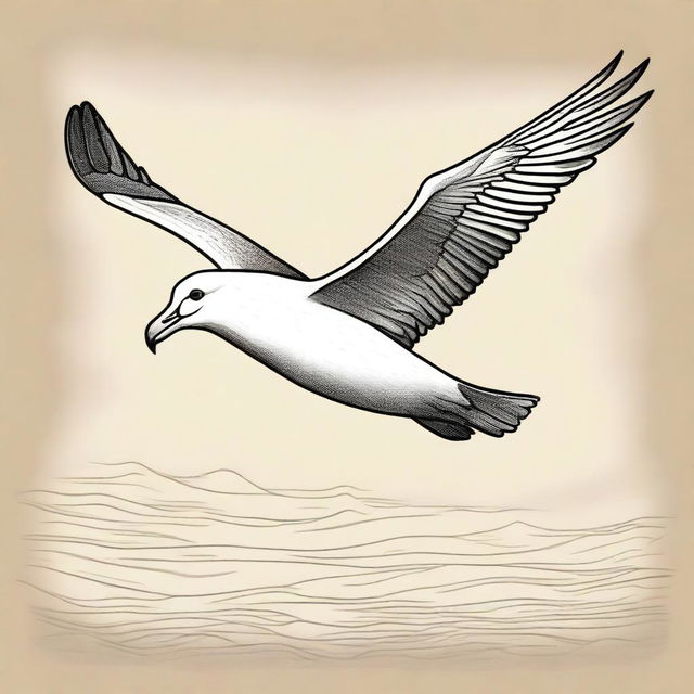 A rustic, pencil-drawn illustration of an albatross in flight