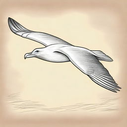 A rustic, pencil-drawn illustration of an albatross in flight