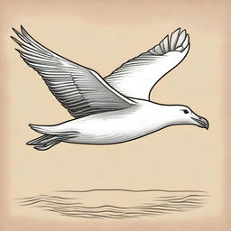 A rustic, pencil-drawn illustration of an albatross in flight