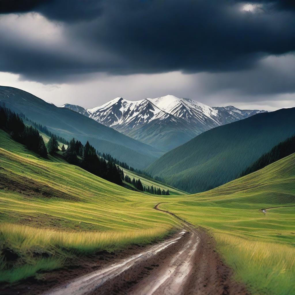 A dramatic landscape featuring the snow-capped high peaks of the Carpathian mountains in the background