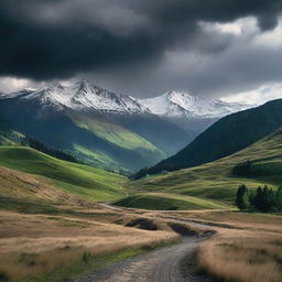 A dramatic landscape featuring the snow-capped high peaks of the Carpathian mountains in the background