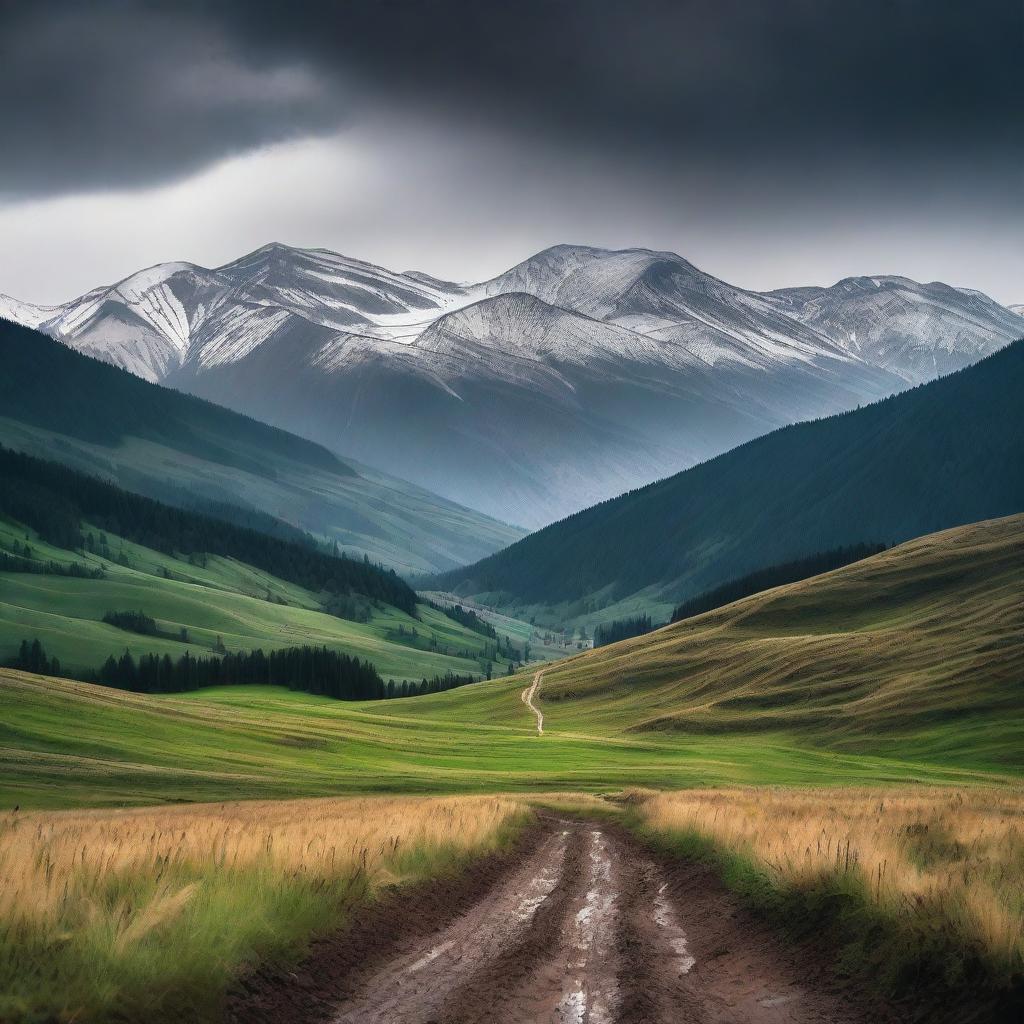 A dramatic landscape featuring the snow-capped high peaks of the Carpathian mountains in the background