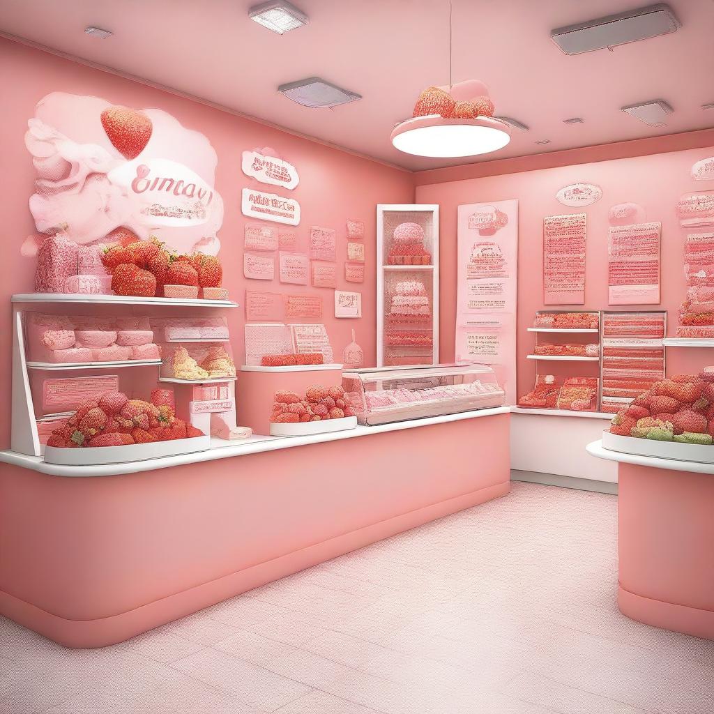 A vibrant and inviting interior storefront display for a shop specializing in strawberry and cream ice cream