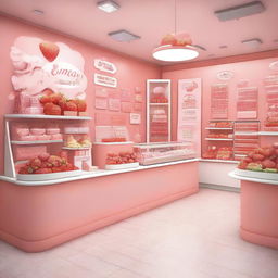 A vibrant and inviting interior storefront display for a shop specializing in strawberry and cream ice cream