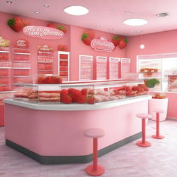 A vibrant and inviting interior storefront display for a shop specializing in strawberry and cream ice cream