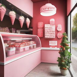 A vibrant and inviting interior storefront display for a shop specializing in strawberry and cream ice cream