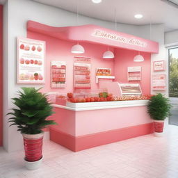 A vibrant and inviting interior storefront display for a shop specializing in strawberry and cream ice cream