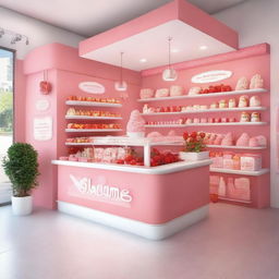 A vibrant and inviting interior storefront display for a shop specializing in strawberry and cream ice cream