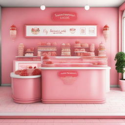 A vibrant and inviting interior storefront display for a shop specializing in strawberry and cream ice cream