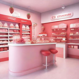 A vibrant and inviting interior storefront display for a shop specializing in strawberry and cream ice cream