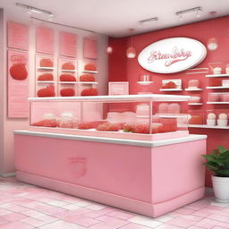 A vibrant and inviting interior storefront display for a shop specializing in strawberry and cream ice cream