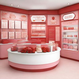 A vibrant and inviting interior storefront display for a shop specializing in strawberry and cream ice cream