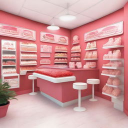 A vibrant and inviting interior storefront display for a shop specializing in strawberry and cream ice cream