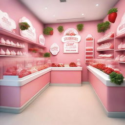 A vibrant and inviting interior storefront display for a shop specializing in strawberry and cream ice cream