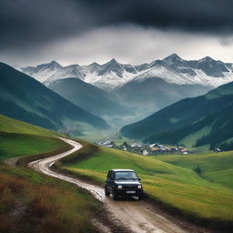 A dramatic landscape featuring the snow-capped high peaks of the Carpathian mountains in the background