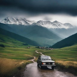 A dramatic landscape featuring the snow-capped high peaks of the Carpathian mountains in the background