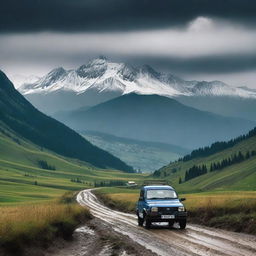 A dramatic landscape featuring the snow-capped high peaks of the Carpathian mountains in the background