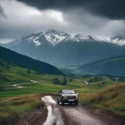 A dramatic landscape featuring the snow-capped high peaks of the Carpathian mountains in the background