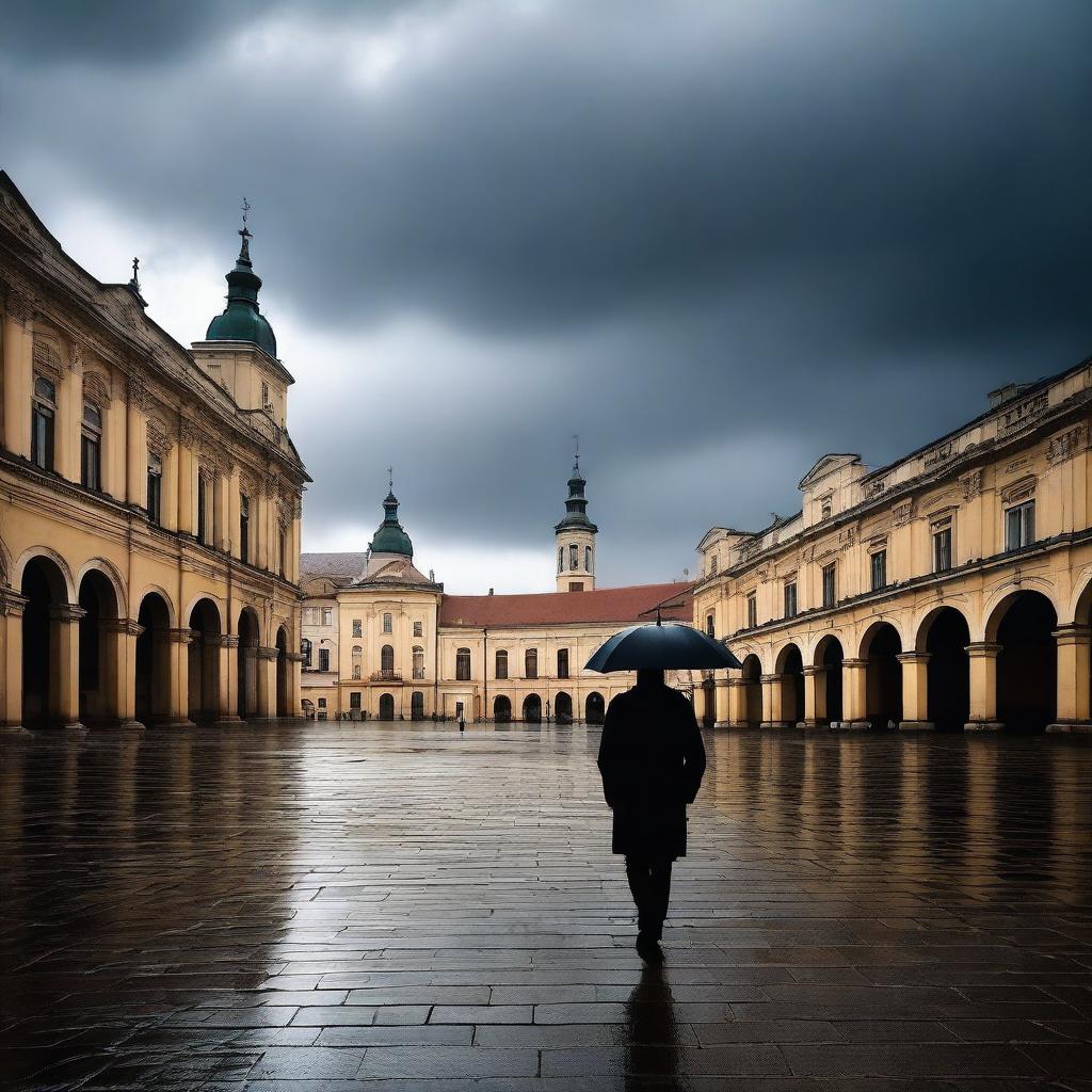 An atmospheric scene set in the old, blurry city of Cluj during a thunderstorm