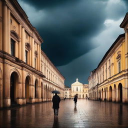 An atmospheric scene set in the old, blurry city of Cluj during a thunderstorm