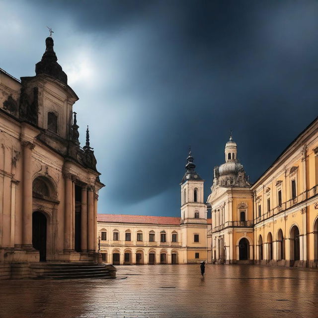 An atmospheric scene set in the old, blurry city of Cluj during a thunderstorm