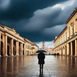 An atmospheric scene set in the old, blurry city of Cluj during a thunderstorm