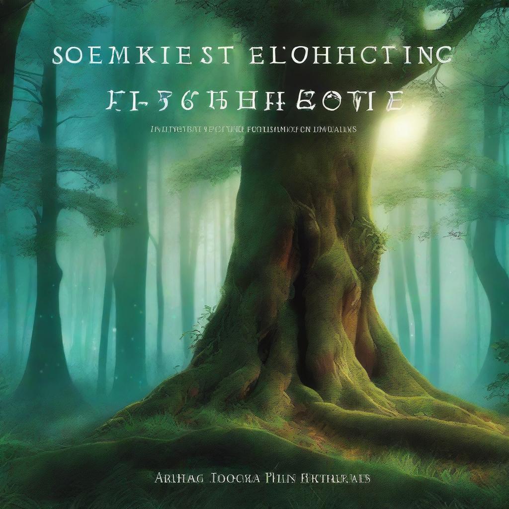 A captivating book cover featuring a mystical forest with a hidden ancient temple