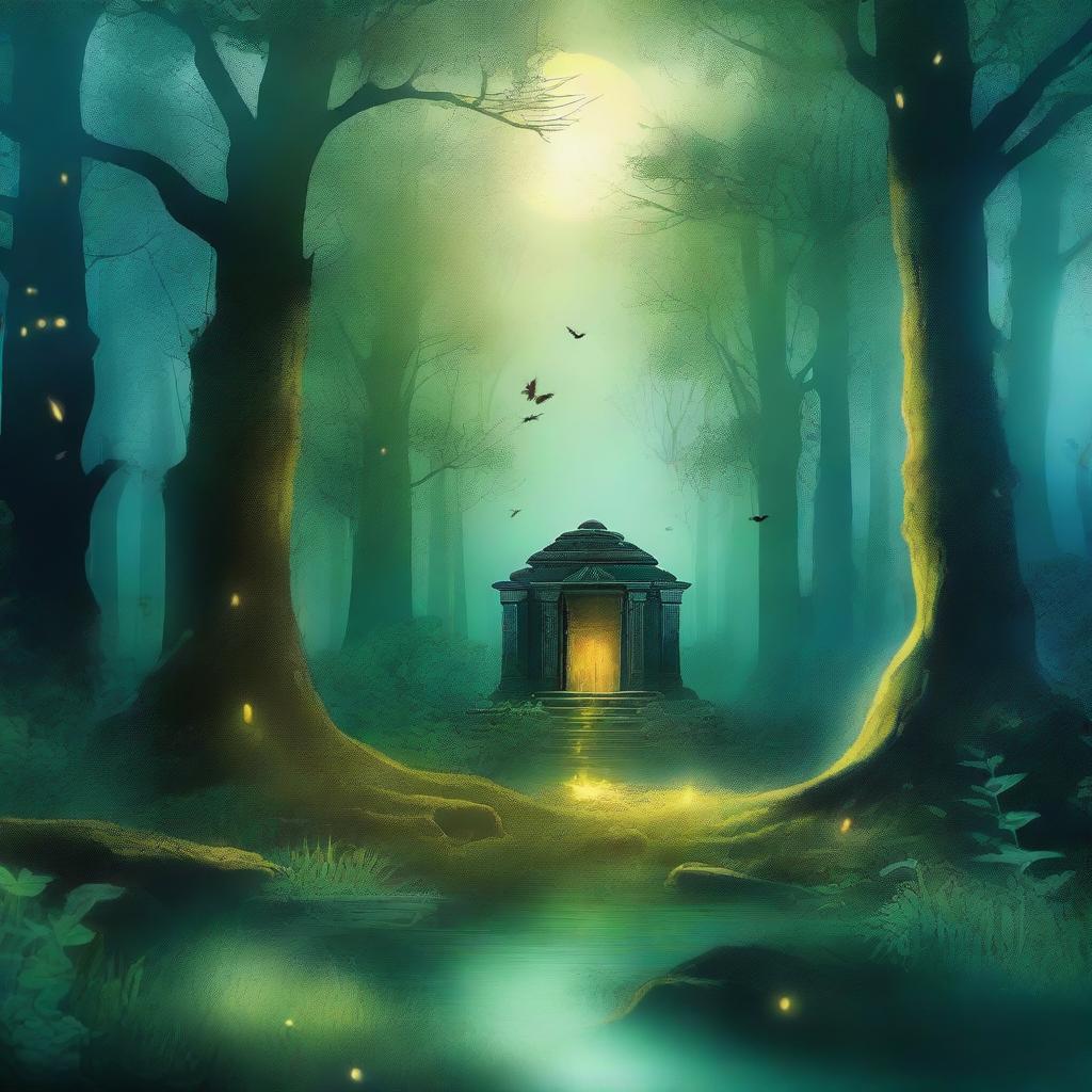 A captivating book cover featuring a mystical forest with a hidden ancient temple