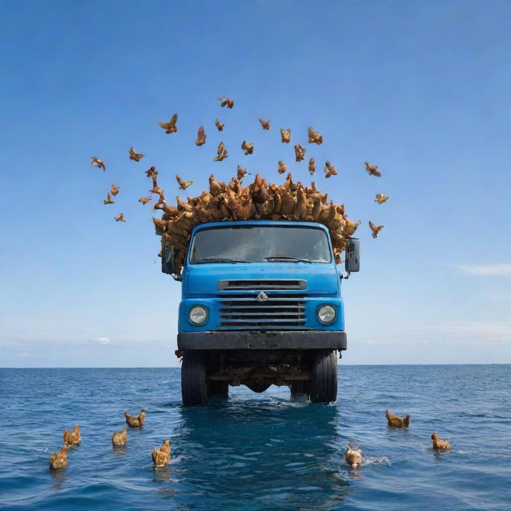 A large truck filled with lively chickens, mysteriously floating over the expansive, calm sea under a bright blue sky.