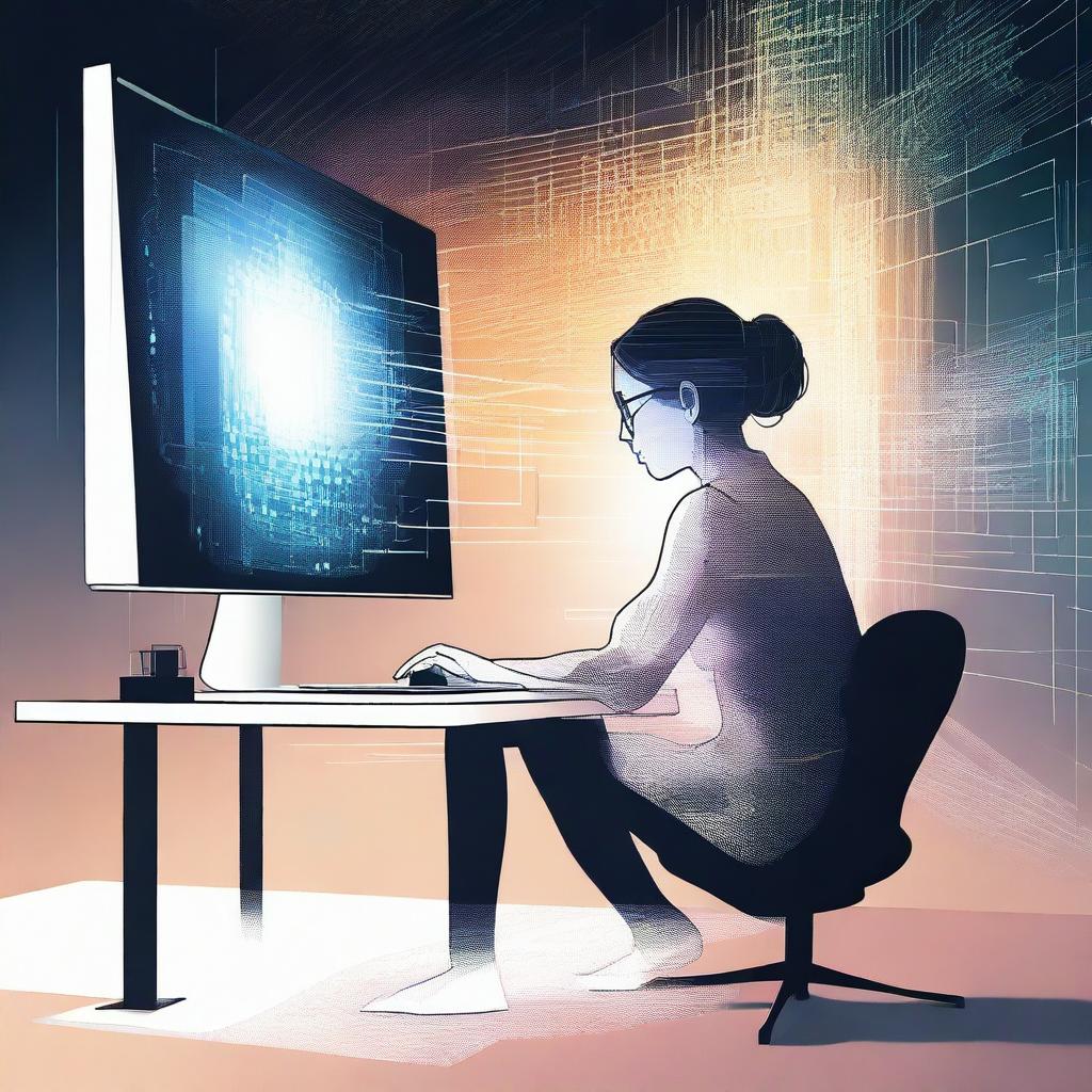 A woman seated at a computer, surrounded by a digital aura