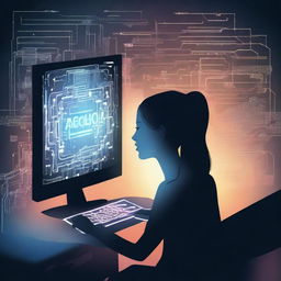 A woman seated at a computer, surrounded by a digital aura