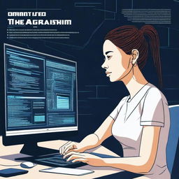 A detailed image of a woman seated at a computer, with the title 'The Echo of Algorithm' prominently displayed in English