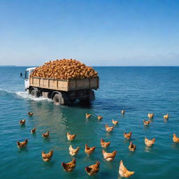 A large truck filled with lively chickens, mysteriously floating over the expansive, calm sea under a bright blue sky.