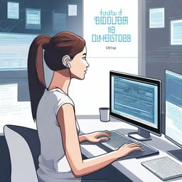 A detailed image of a woman seated at a computer, with the title 'The Echo of Algorithm' prominently displayed in English