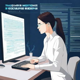 A detailed image of a woman seated at a computer, with the title 'The Echo of Algorithm' prominently displayed in English