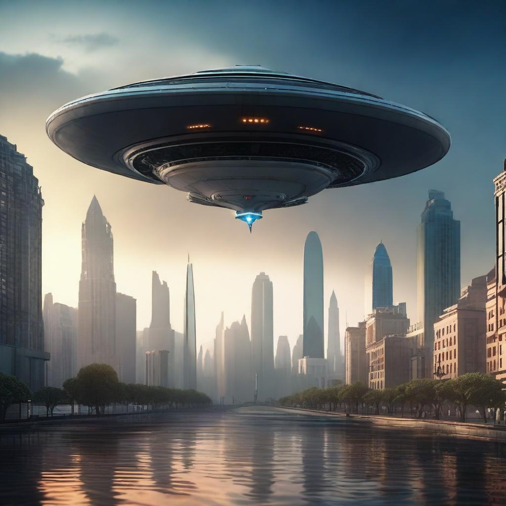 A cinematic depiction of an alien spaceship landing on Earth, with dramatic lighting and atmospheric effects