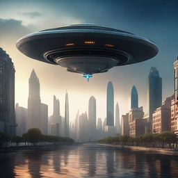 A cinematic depiction of an alien spaceship landing on Earth, with dramatic lighting and atmospheric effects