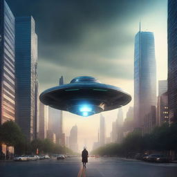 A cinematic depiction of an alien spaceship landing on Earth, with dramatic lighting and atmospheric effects