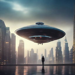 A cinematic depiction of an alien spaceship landing on Earth, with dramatic lighting and atmospheric effects