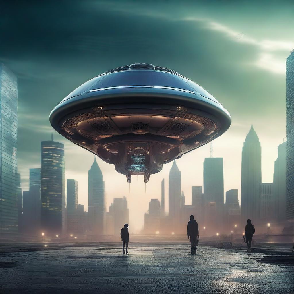 A cinematic depiction of an alien spaceship landing on Earth, with dramatic lighting and atmospheric effects