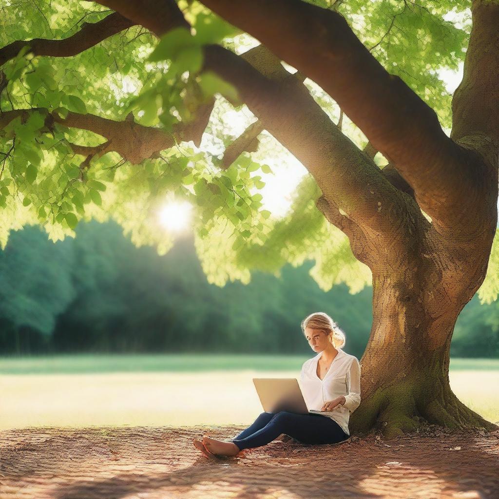 A serene scene of a woman sitting under a large, leafy tree with a laptop on her lap