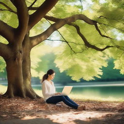 A serene scene of a woman sitting under a large, leafy tree with a laptop on her lap