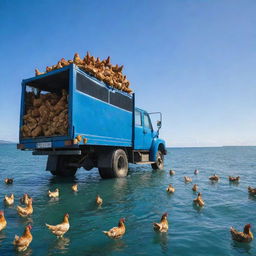 A large truck filled with lively chickens, mysteriously floating over the expansive, calm sea under a bright blue sky.