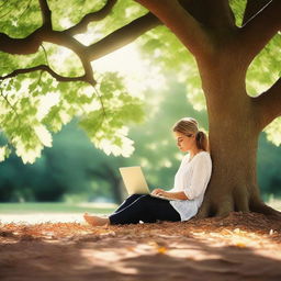 A serene scene of a woman sitting under a large, leafy tree with a laptop on her lap