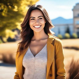 A beautiful young woman with a confident and stylish appearance, standing in a scenic outdoor setting