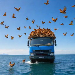 A large truck filled with lively chickens, mysteriously floating over the expansive, calm sea under a bright blue sky.