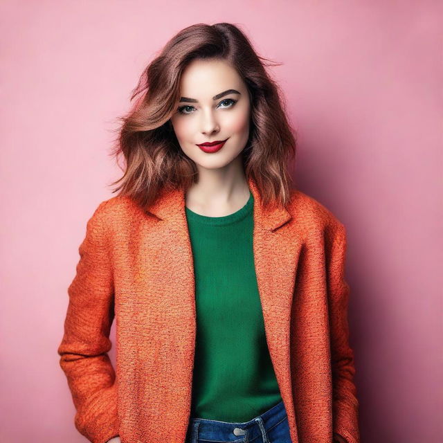 A beautiful young woman with striking features, wearing fashionable clothing and posing confidently
