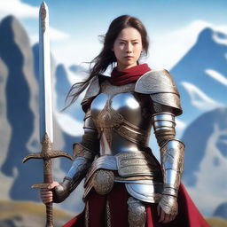 A lady holding a sword in a warrior outfit, standing confidently with a determined look on her face